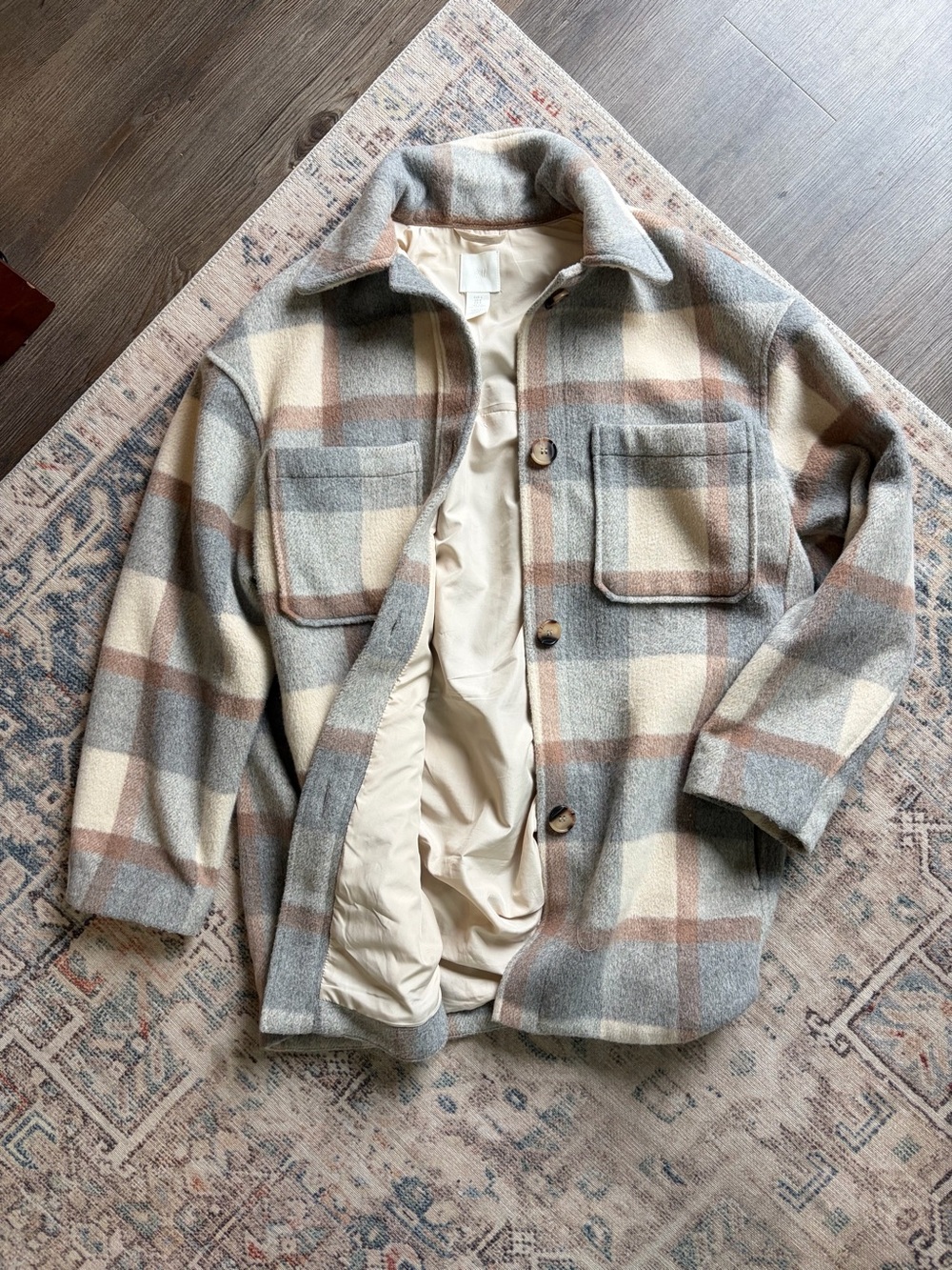 H&M Plaid Utility Shacket in Cream, Gray & Brown